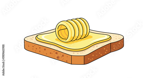Delicious slice of toasted bread with a large curl of yellow butter melting on top, shown in a clean vector cartoon style.