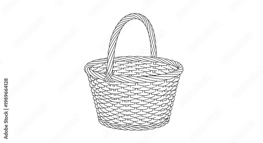 Obraz premium Detailed line art drawing shows an empty woven wicker basket with a single tall handle for carrying goods or flowers.