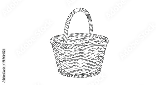 Detailed line art drawing shows an empty woven wicker basket with a single tall handle for carrying goods or flowers.