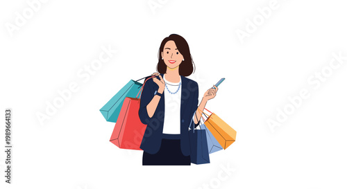 Successful professional woman in a dark blazer carrying colorful shopping bags and a smartphone against a clean white background vector.