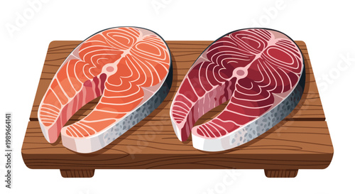Fresh raw salmon steaks placed on a wooden cutting board representing healthy seafood ingredients for gourmet cooking and nutrition.