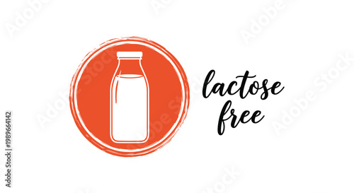 Lactose free product label featuring a white milk bottle silhouette inside an orange circular brush stroke frame on a white background.