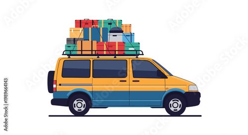 Yellow and blue passenger van is loaded with a large stack of colorful suitcases on its roof rack for a family road trip or travel.