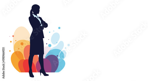 Confident businesswoman silhouette with arms crossed standing against a vibrant background of colorful abstract fluid shapes and dots.