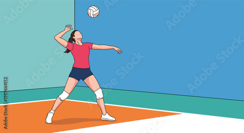 Athletic woman playing volleyball on an indoor court preparing to serve the ball in a professional sports competition vector illustration.