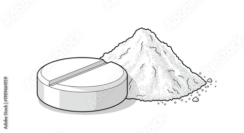 Medical concept illustration featuring a large white pill and a pile of crushed pharmaceutical powder in a clean black and white line art style.
