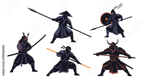 Traditional japanese warriors collection featuring various samurai and ninja characters in combat poses with swords, spears, and shields.