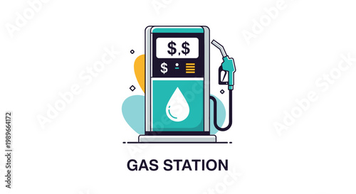 Gas station pump icon featuring fuel prices and a water or oil drop symbol in a clean and modern flat vector illustration style.