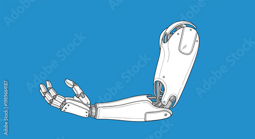Detailed drawing of a robotic prosthetic arm and hand with mechanical parts and wires over a bright blue background color.