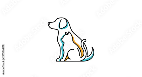 Minimalist pet care logo design featuring the simple line art outlines of a sitting dog and a cat in blue and orange accent colors.