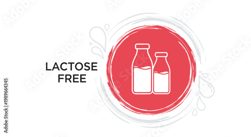 Lactose free dietary label featuring the silhouettes of two milk bottles inside a red circular brush stroke frame on a white background.