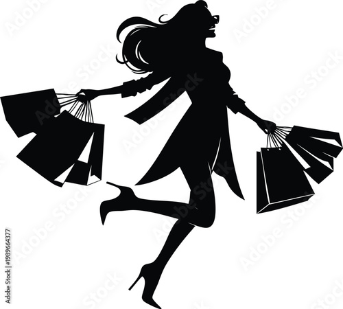 Silhouette of a happy woman with shopping bags celebrating consumerism and fashion isolated on white background