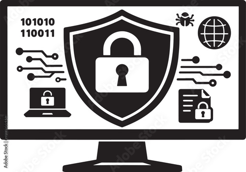 Cybersecurity illustration showing digital protection with locked elements and binary code
