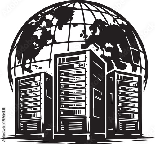 Server towers, data centers, globe background, black and white illustration, technology icons