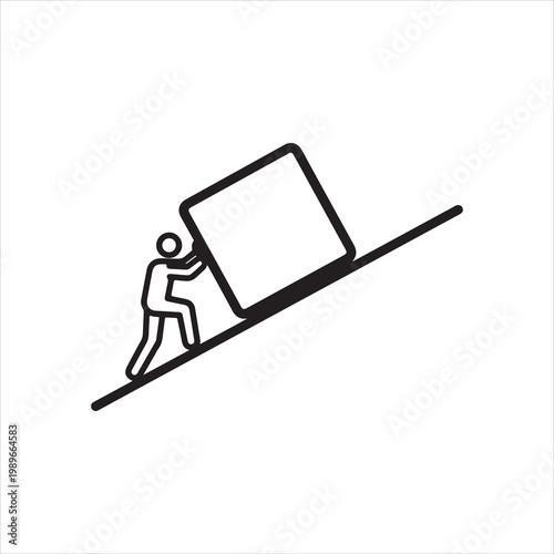 Man Pushing a Large Block Up a Steep Incline Concept of Effort and Struggle