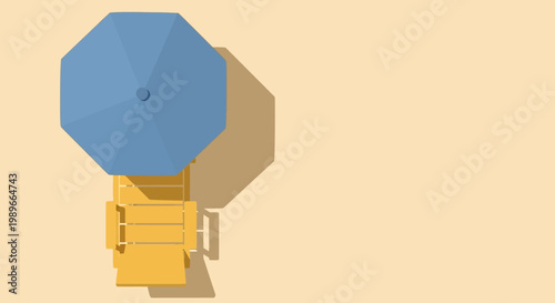 Top view of beach umbrella and lounge chair on sandy beach, 3D illustration