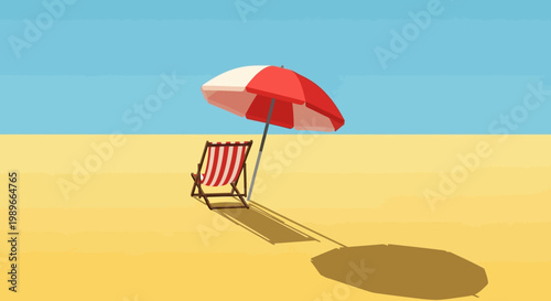 Minimalist Beach Scene with Red and White Striped Deck Chair and Sun Umbrella