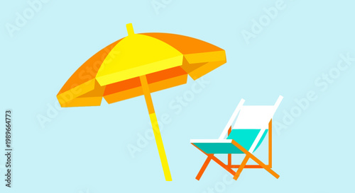 Flat design illustration of beach umbrella and lounge chair isolated on light blue background, summer vacation concept