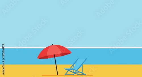 Minimalist Flat Vector Illustration of Red Beach Umbrella and Blue Deckchair on Sunny Sand