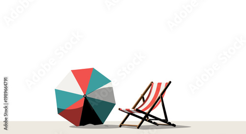 Isolated Beach Umbrella and Striped Deckchair, Summer Vacation Concept Illustration