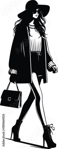 Fashionable woman in a wide-brimmed hat and sunglasses walking with a handbag stylish illustration for fashion blogs and magazines