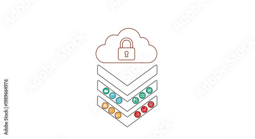 Cloud storage security concept, layers of data protection with padlock icon on white background