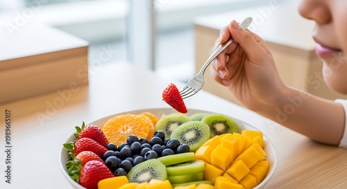 Woman eating fresh healthy fruit salad with strawberry and kiwi bowl