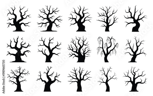 Twelve eerie bare tree silhouettes in a minimalist black and white style isolated on a clean background perfect for halloween autumn or spooky themes