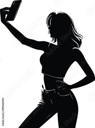 Silhouette of a woman taking a selfie with a smartphone modern casual style isolated on white background for lifestyle and social media concepts