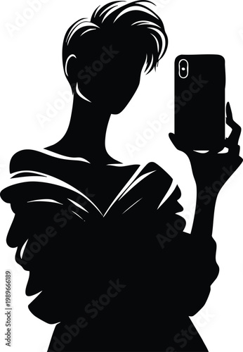 Silhouette of a woman taking a selfie with a smartphone modern vector illustration for social media and personal branding isolated on white