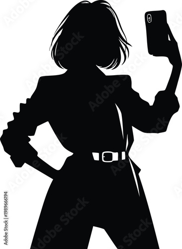 Silhouette of a woman taking a selfie with a smartphone modern flat vector illustration for social media and lifestyle concepts isolated on white