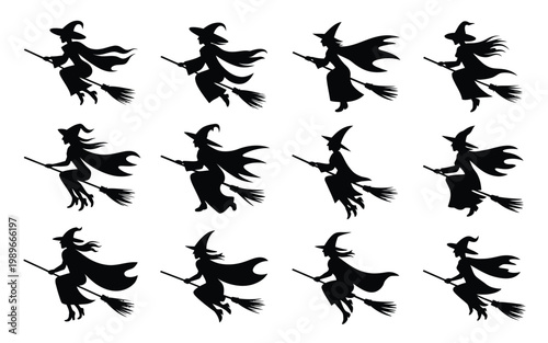 Twelve distinct witch silhouettes flying on broomsticks black and white minimalist halloween design vector illustration