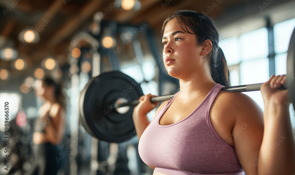 Fototapeta premium Plus-size woman doing weightlifting at gym, full body composition showing complete barbell with weight plates, holding barbell with both hands in anatomically correct. 