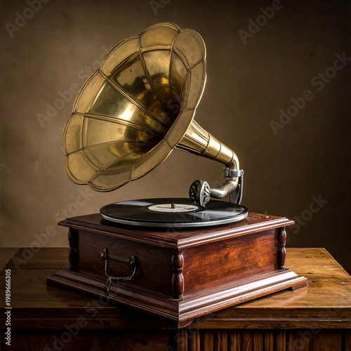 A vintage brass gramophone, placed on a wooden surface with a backdrop. The turntable has a vinyl record ready for play