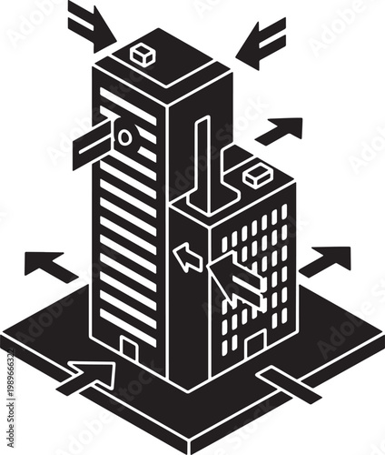 Isometric illustration of modern building with directional arrows around it
