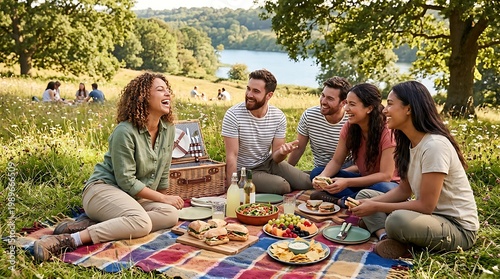 A group of friends enjoys a sunny outdoor picnic in a scenic meadow near a lake, sharing food, laughter, and conversation while relaxing on a blanket surrounded by nature.