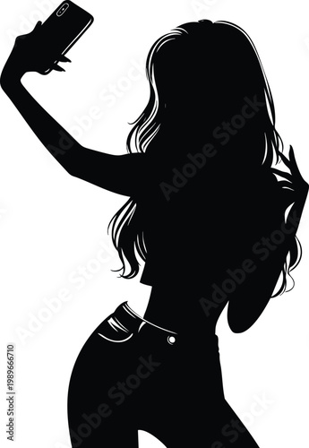 Silhouette of a woman taking a selfie with her smartphone posing confidently for a self-portrait isolated on white background