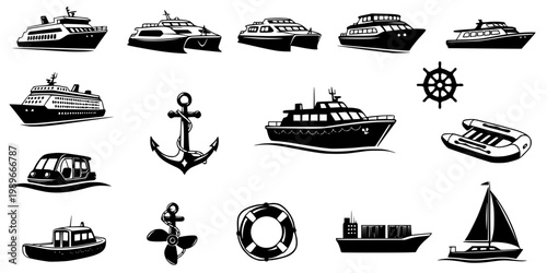 Foto Passenger Ferry Catamaran Silhouette Vector - Marine Public Transit Icon