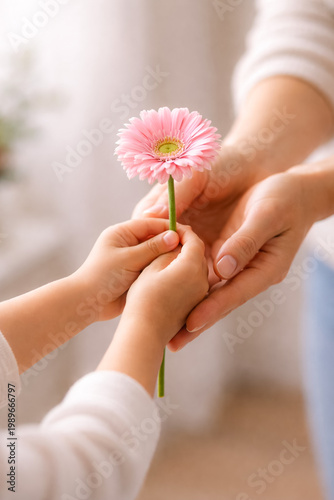 Close-up of child hands giving flower to adult hands, Mother’s Day concept, love and care, soft natural light, emotional moment.