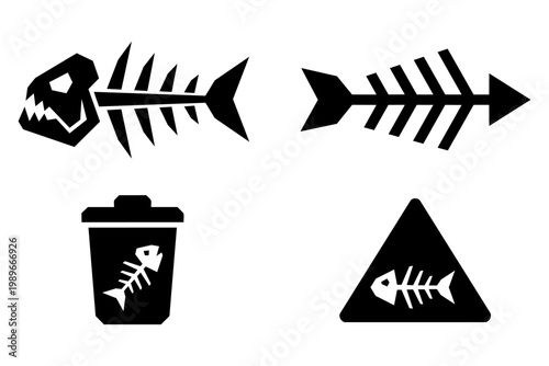 Fish skeleton icon set with danger sign and trash can symbol