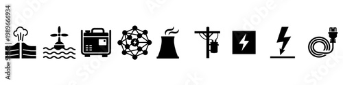 Power generation and electricity icons including renewable and nuclear energy sources
