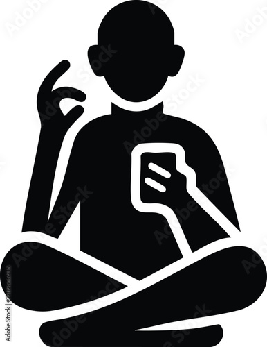 Silhouette of a person meditating with a smartphone representing digital mindfulness and technology balance isolated on white