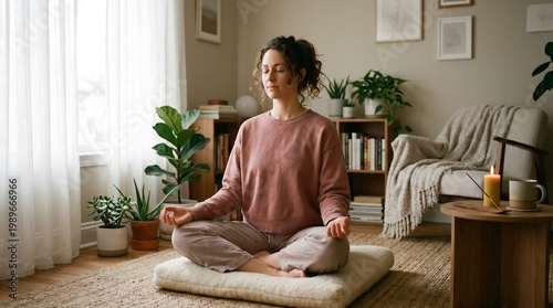 A woman practicing meditation at home, sitting cross-legged in a calm, cozy living space with natural light, promoting mindfulness, relaxation, and mental wellness in a peaceful environment.