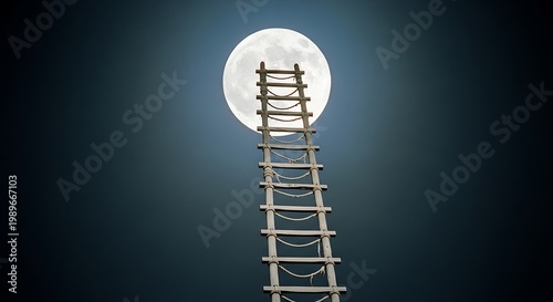 Wooden ladder reaching up to a bright full moon in the dark night sky