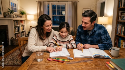 A happy family sits together at home helping their child with homework, creating a warm learning environment, showing parental support, education, bonding, and positive family interaction.