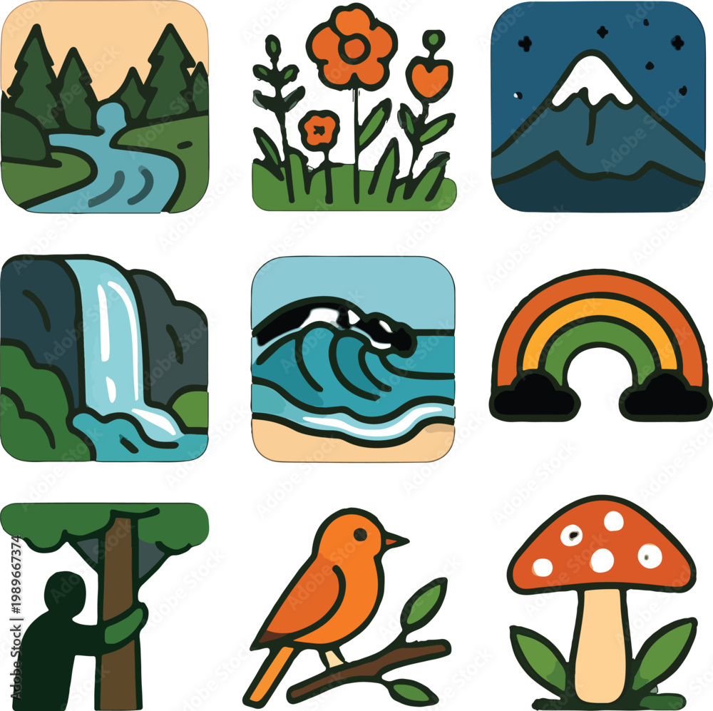 Naklejka premium Hand Drawn Nature and Outdoor Adventure Vector Icon Set with Mountains and Wildlife.