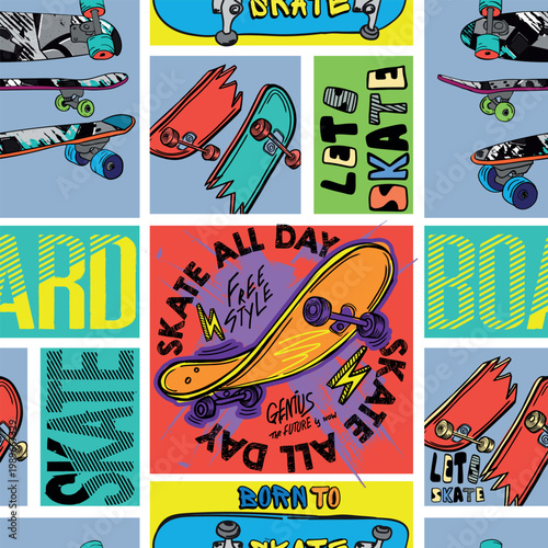 skateboard seamless pattern. Seamless bright abstract pattern with skateboard. Prints for T-shirts, textiles, clothes, sports, and more