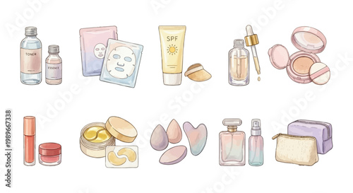 Watercolor K-beauty Clipart Set — 10 Korean Skincare Makeup Beauty Product Illustration