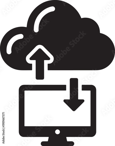 Computer uploading and downloading files to cloud storage service illustration
