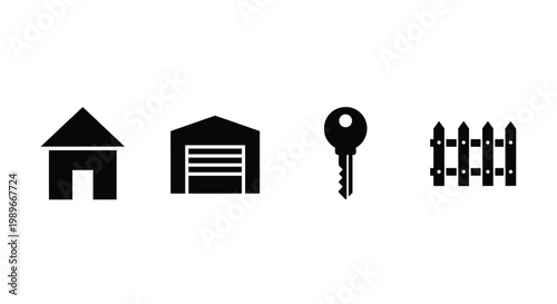 Black icons of house and fence.